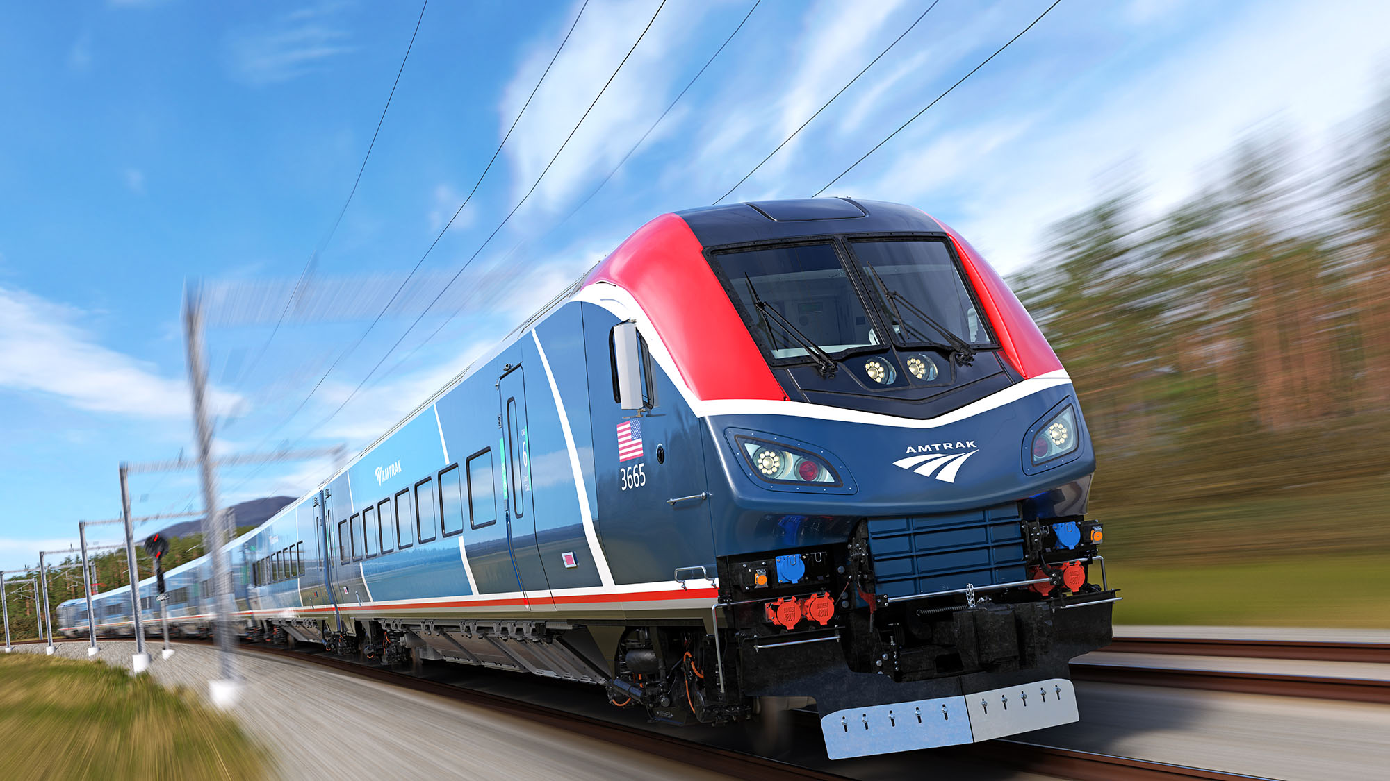 An Amtrak Airo train rendering drives under wires.