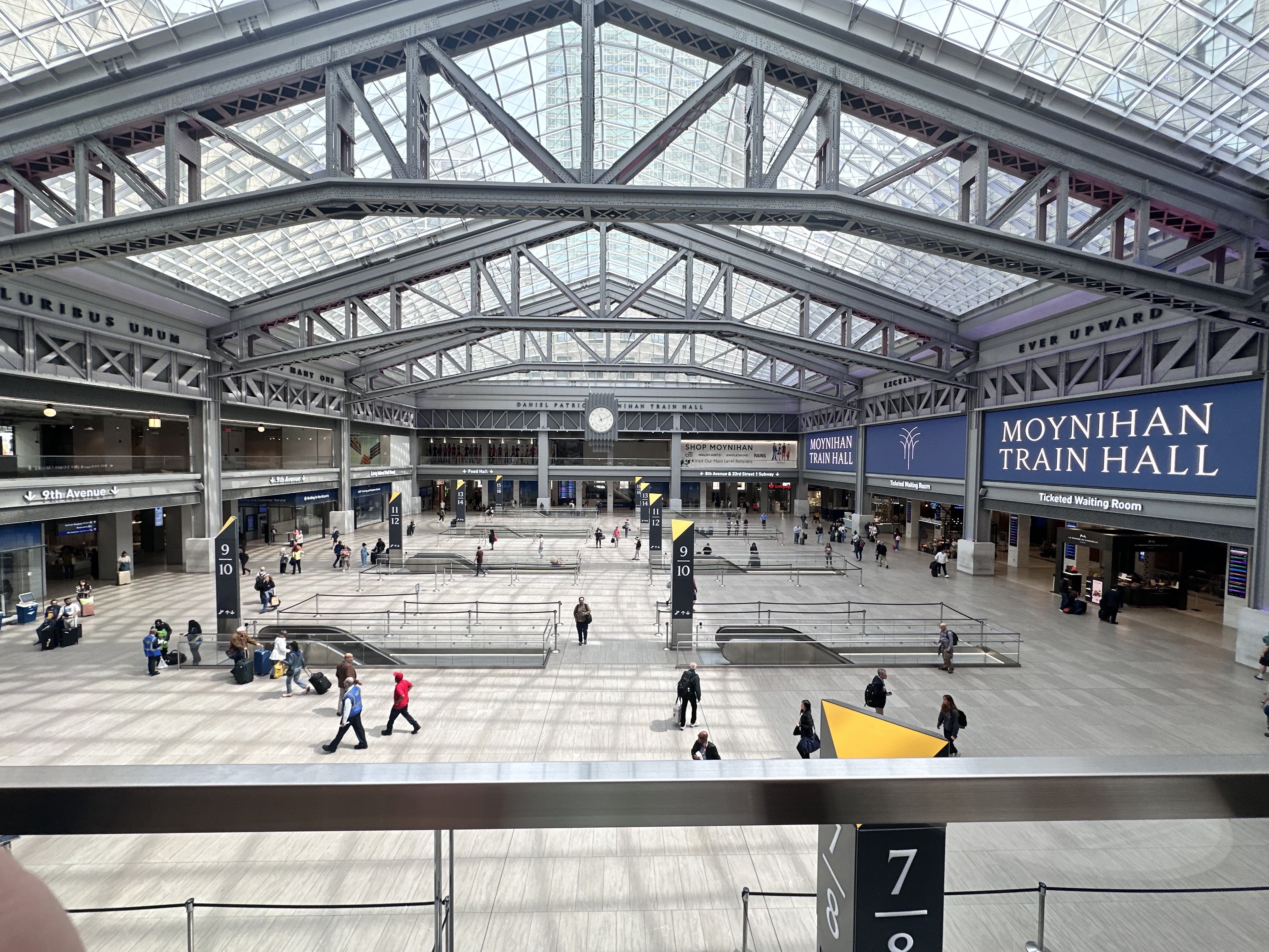 The view of Moynihan Train Hall from the Amtrak Metropolitan Lounge.